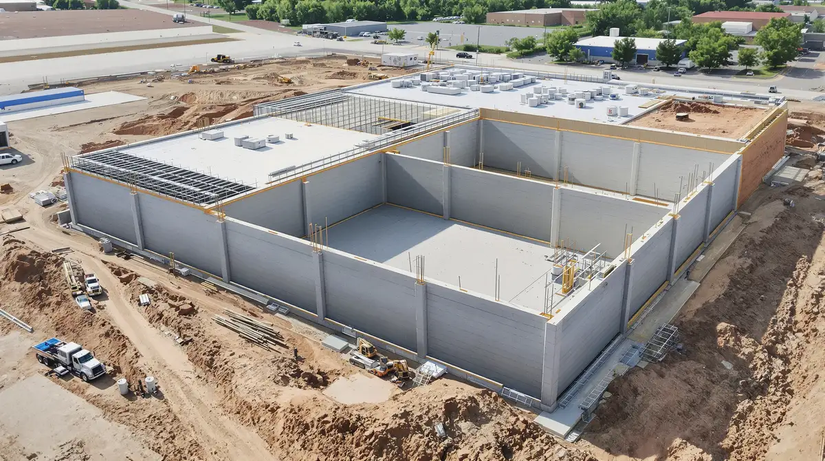 Aerial view of a commercial concrete foundation project