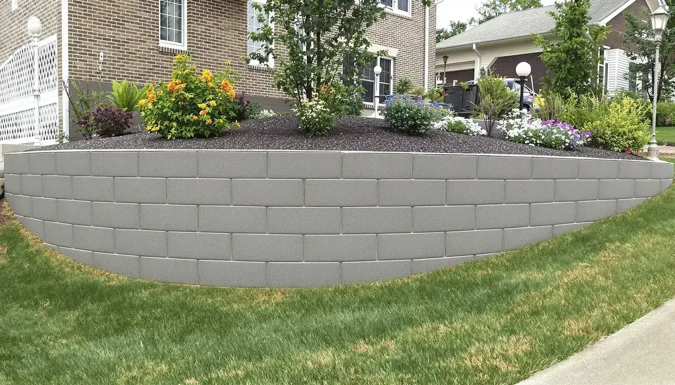 Concrete retaining wall with landscaping at a Kansas City area home